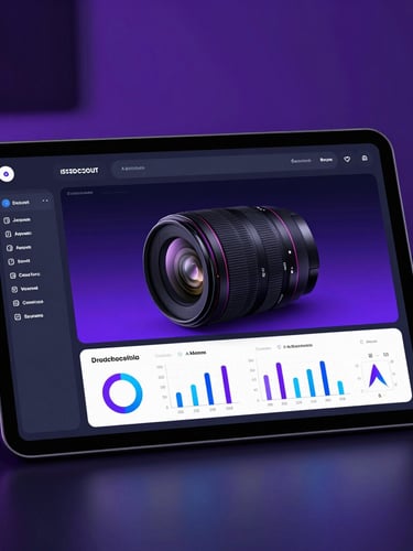 Sleek dark-mode technology photography, neon purple ambient lighting, high-fidelity UI mockup of a modern business dashboard on a tablet, 35mm lens