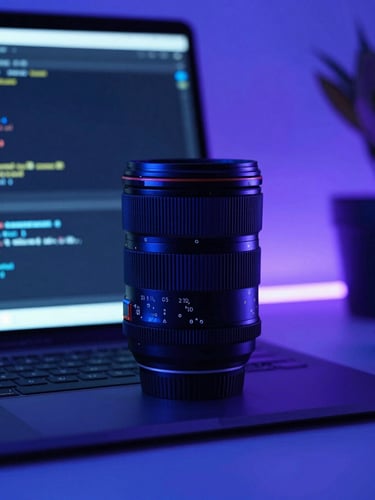 Sleek dark-mode technology photography, neon blue ambient lighting, close-up of high-tech workspace with clean code editor on screen, 35mm lens
