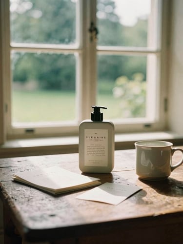 An editorial medium shot of a historic country house window with soft morning light spilling onto a rustic wooden table with tactile brand assets and a ceramic mug, warm tones, 35mm look