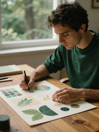 A close-up portrait of a creative director planning over a physical mood board on an oak table, warm natural window light, soft shadows, rich forest green and cream tones, 35mm film look