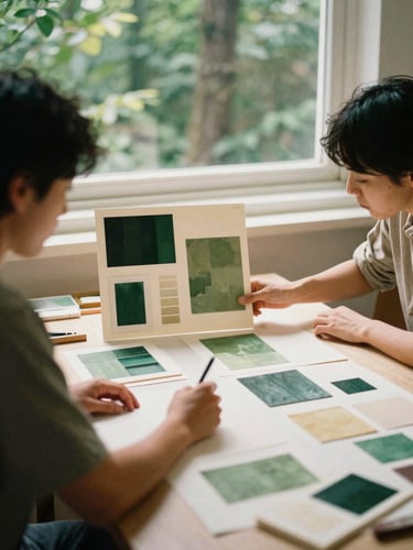 A creative team planning over physical mood boards in a sunlit studio, warm natural window light, rich forest green and cream tones, 35mm film look.