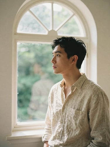 A portrait of a creative director in a linen shirt looking thoughtfully out a large arched window, soft natural light, warm cream tones, 35mm film look.