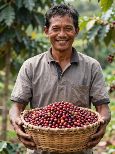 Medium shot of an Indonesian farmer smiling while holding a wicker basket filled with freshly harvested red coffee cherries, bright natural daylight