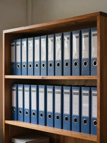 A simple, clean wooden shelf inside an Indonesian village office containing neat rows of official binders, natural light from a side window.