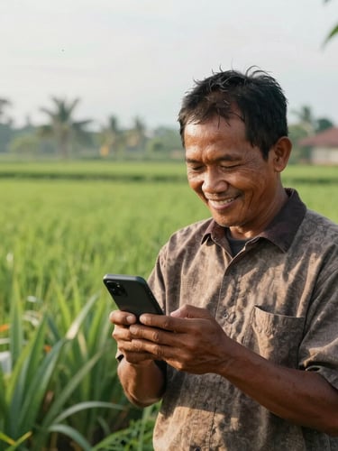 A warm environmental shot of a local Indonesian villager smiling while looking at their smartphone in front of a green agricultural field, bright natural daylight.