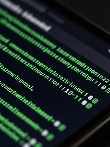 Extreme close-up macro shot of a physical Android screen displaying high-contrast terminal-style document schematics, sharp green vector lines on deep black, dramatic studio lighting with deep shadows.