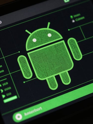 A close-up, high-contrast vector schematic of an Android system interface, sharp green lines on deep black background, technical grid lines, neo-brutalist design.
