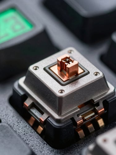 Extreme macro close-up of a high-end mechanical keyboard switch, metallic copper contacts, sharp industrial shadows, illuminated by a cold green terminal screen.
