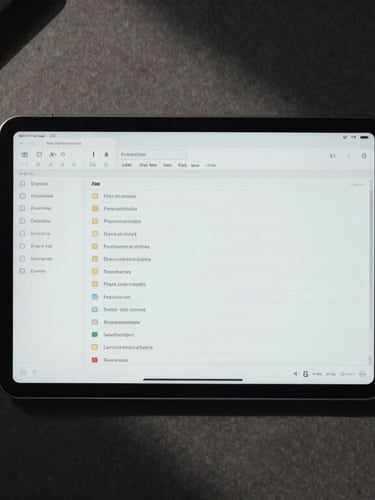 Top-down flat-lay of a dark minimalist workspace, a single Android tablet showing a file hierarchy pipeline, illuminated only by the screen glow, sharp geometric shadows.