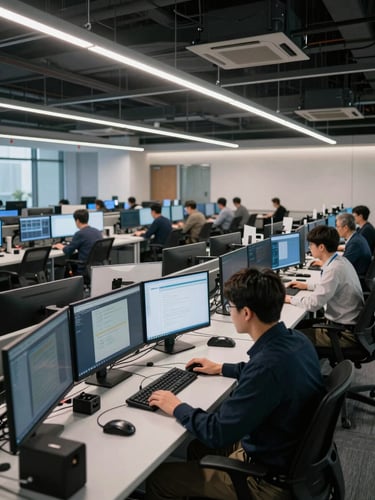 Wide interior shot of a modern enterprise operations center, rows of workstations with dual monitors active, engineers working at keyboards under cool-white overhead lighting, architectural ceiling with exposed conduit, no people looking at camera