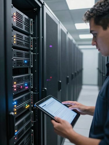 Close-up environmental shot of a data center corridor, racks of servers with blinking status lights, a technician in a plain dark shirt reviewing a tablet, cool fluorescent overhead lighting, deep perspective showing row depth