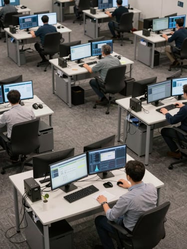 Overhead wide-angle photograph of a distributed team operations floor, multiple engineers working at individual stations with dual monitors displaying system monitoring dashboards, neutral corporate lighting, photographed from an elevated angle conveying scale and coordination