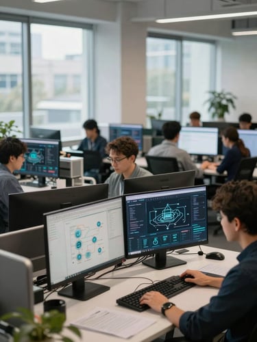 Wide environmental photograph of a distributed team of technology professionals working at individual workstations in an open-plan enterprise office, screens showing infrastructure dashboards and system diagrams, natural daylight from large windows, no faces in close-up
