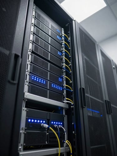 Close-up of server rack infrastructure in a data center, dense blade servers with blue LED status indicators glowing, cables organized in precise bundles running vertically, neutral overhead lighting, shot from a low angle looking up through the rack corridor to emphasize scale and operational precision