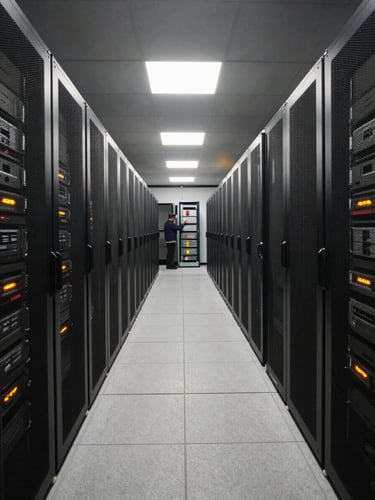 Wide-angle view inside a large-scale enterprise data center corridor, rows of illuminated server racks receding into the distance under cool fluorescent light, a technician in the far background reviewing a panel, neutral studio lighting, no warm tones, photographed for operational scale