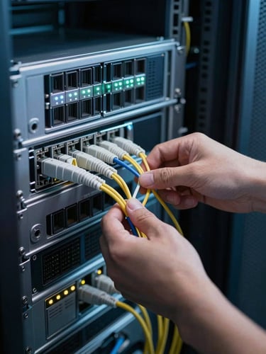 Close-up of hands connecting fiber optic cables into a server chassis in a data center rack, cool blue ambient light from indicator LEDs, sharp technical framing showing cable management and precision hardware work