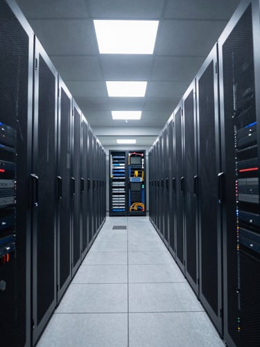 Long corridor inside an enterprise data center, symmetrical rows of server racks receding into the distance, cool white overhead lighting, cable management visible at rack sides, shot from low angle to emphasize scale and depth, no people, no text overlays