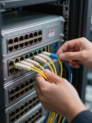 Close-up of a network engineer's hands patching fiber optic cables into a high-density switch in a structured data center environment, professional studio lighting illuminating the cable runs and port labels, shallow depth showing equipment density