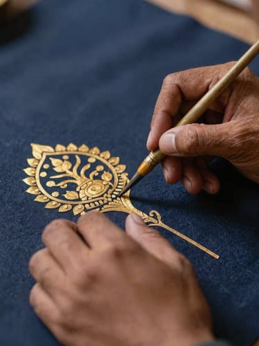 A close-up of a craftsman's hands carefully painting a traditional Indian motif with a fine brush, soft warm side-lighting, deep navy background.