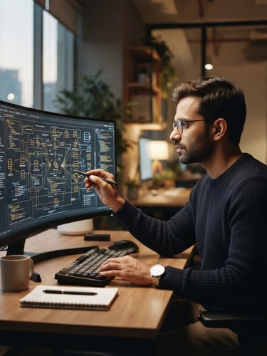 A focused software architect working on complex code diagrams on a large screen in a quiet, modern Bengaluru office, warm natural side-lighting, 35mm