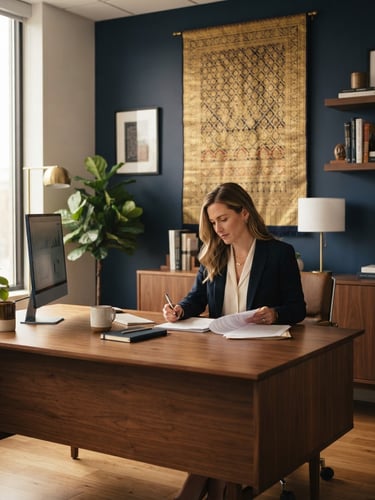 A professional environmental shot of a modern clean office with subtle warm side-lighting, a gold-threaded traditional textile hanging elegantly on the wall in the background.