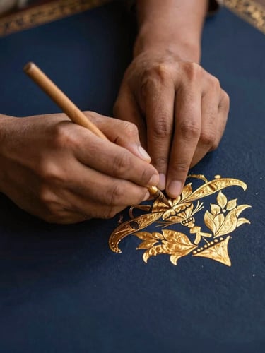A close-up of hands applying gold leaf to a traditional Indian painting, warm side-lighting, deep navy background, 35mm photography.