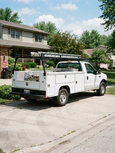 A clean service truck parked in a Galesburg residential driveway, bright natural daylight, crisp commercial photography, 35mm lens.