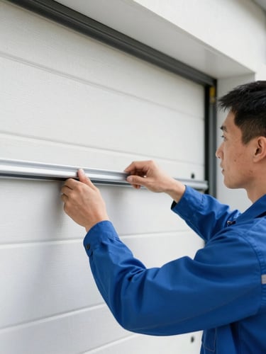 A professional technician in a clean uniform working on-site, adjusting a garage door track, bright natural daylight, sharp focus, 35mm lens.