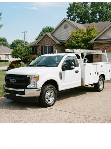 A clean professional service truck parked in a Galesburg residential driveway, bright natural daylight, crisp commercial photography, 35mm lens