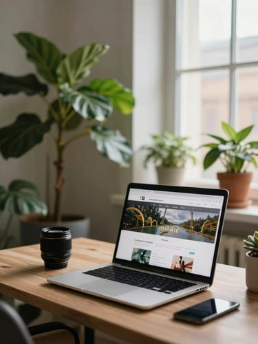 Cozy Scandinavian-style agency office with green plants, warm window light, clean laptop screen showing an active website build, 35mm lens.
