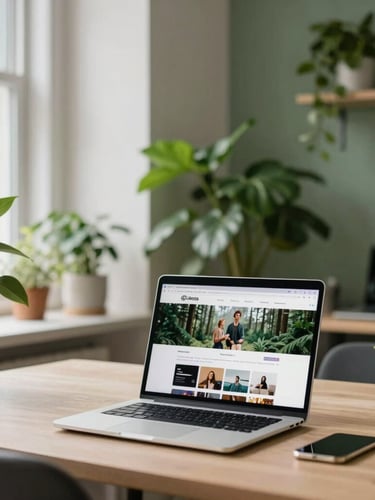Warm daylight-filled Scandinavian office interior with green plants, a clean laptop screen showing an active social media campaign, rich forest green accents, soft natural light, 35mm lens