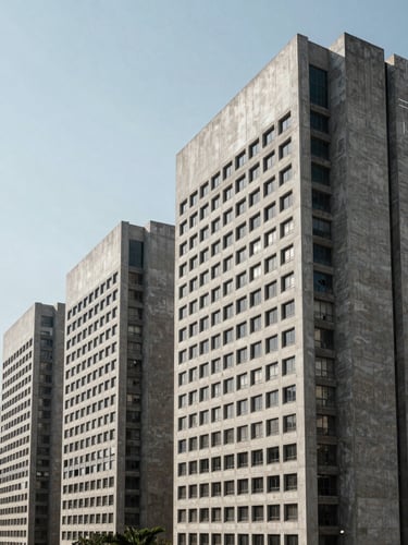 Wide panoramic view of clean modern corporate architecture in São Paulo, sharp concrete lines, high contrast cool daylight, negative space on the left.