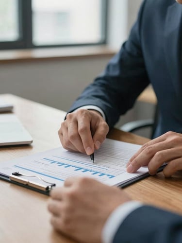Close-up of a professional consultant in a cool-toned, natural daylight office, analyzing a physical financial report on a wooden desk, unposed, sharp focus.