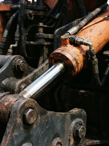 Close-up of heavy machinery hydraulic arm, sharp metallic highlights, deep charcoal and construction orange tones, industrial macro photography, high-contrast daylight, 35mm.