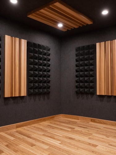 Wide-angle architectural photography of a professional recording studio, showcasing geometric acoustic diffusers on deep charcoal walls, warm ambient wooden highlights, clean sharp lighting