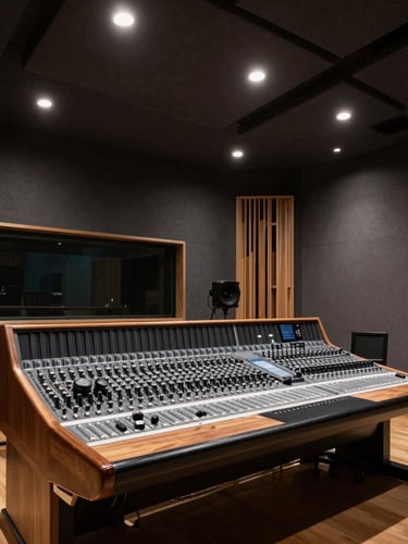 Architectural photography of a high-end recording studio control room, deep charcoal acoustic diffusers on the wall, warm wood mixing console, sharp high-contrast architectural lighting, wide-angle lens