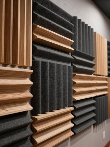 Architectural detail of custom acoustic wall panels in a studio, showing layered wooden diffusers and charcoal fabric absorbers, high-contrast side lighting, technical precision.
