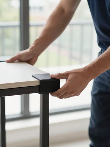 Detailed close-up of a professional mover's hands securing a protective corner guard onto a modern designer console table, soft natural window light, sharp focus.