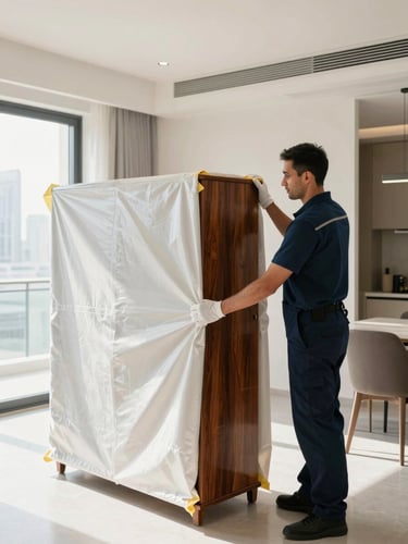 A uniformed moving specialist carefully wrapping a polished mahogany cabinet with heavy-duty protective blankets, clean modern Dubai apartment interior, bright natural daylight, 35mm.