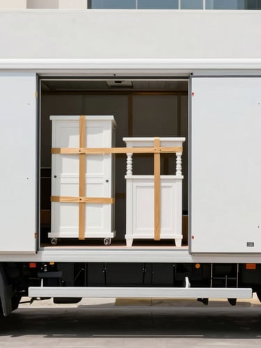 Side view of a clean, white E Dubai Furniture Movers truck with open doors, showing neatly organized and strapped furniture inside, bright daylight, professional corporate aesthetic, 35mm.