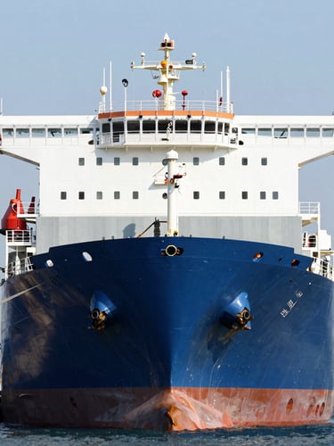 Straight-on industrial composition of a massive cargo ship docked at a modern terminal, bright daylight, high-contrast blue and metallic tones, sharp details