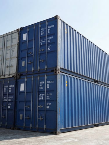 Sharp industrial photography of a modern shipping container terminal in Guatemala, bright daylight, high-contrast blue and metallic tones, wide-angle lens, crisp details