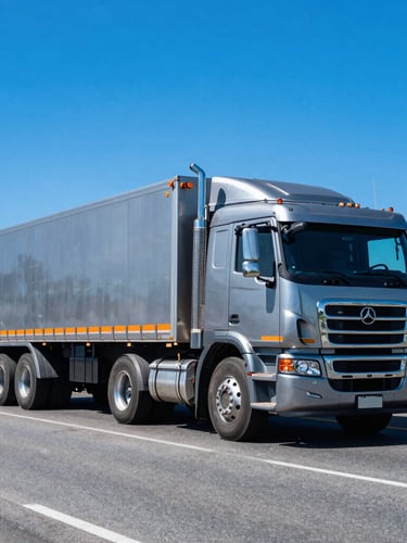 Wide-angle shot of a modern heavy-duty cargo truck driving on a clean Guatemalan highway, bright daylight, high-contrast metallic surfaces, deep blue sky, safety orange detailing on the vehicle.