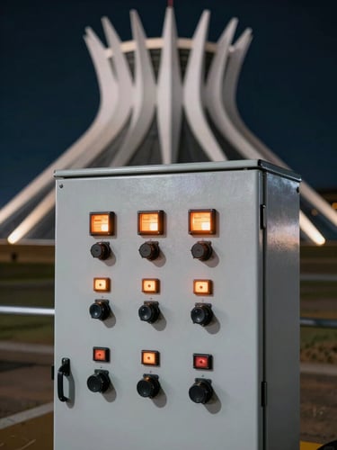 Close-up of a pristine industrial generator control panel, glowing orange indicators, night setting with sharp contrast, modern Brasília architecture blurred in the background.