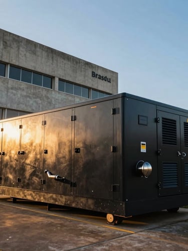 Wide-angle side view of a large, pristine matte-black mobile generator group parked outside a modern concrete hospital wing in Brasília. Golden hour light glints off the metallic exhaust and technical control panels. Expansive blue sky in the background.