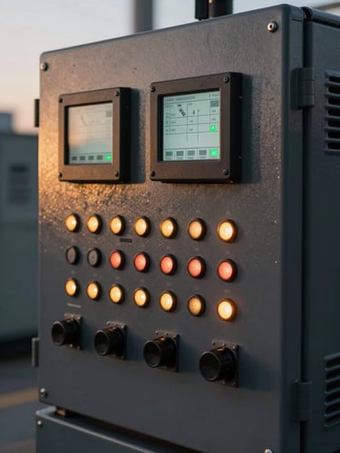 Close-up of a heavy-duty industrial power generator control panel, glowing LED indicators, digital telemetry display showing voltage levels, matte black casing, golden hour lighting.