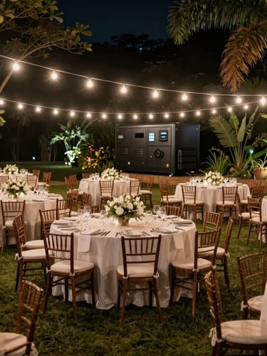 Wide panoramic shot of a high-end outdoor wedding reception at night in Brasília, warm string lights illuminating the garden, a modern matte black silent generator group integrated discreetly into the background foliage.