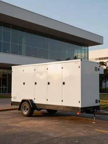 Wide shot of a pristine, modern trailer-mounted mobile generator group parked outside a contemporary corporate building in Brasília, golden hour lighting, clean industrial aesthetics.