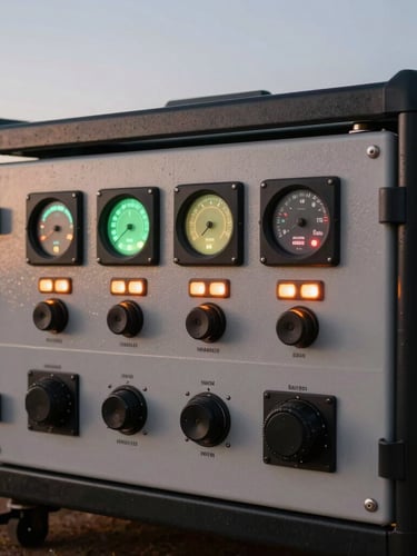 Close-up of a pristine, heavy-duty mobile generator control panel with glowing digital telemetry indicators, shot during twilight in Brasília.