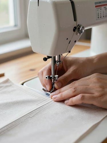 Close-up of tailor's hands guiding patterned fabric under a sewing machine needle, natural window light from the left, wooden worktable visible in background
